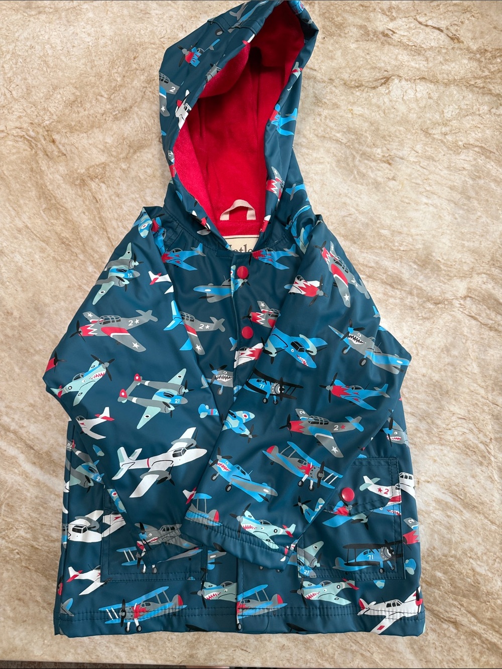 Hatley Kids Hooded Raincoat with Airplane Print - Navy & Red